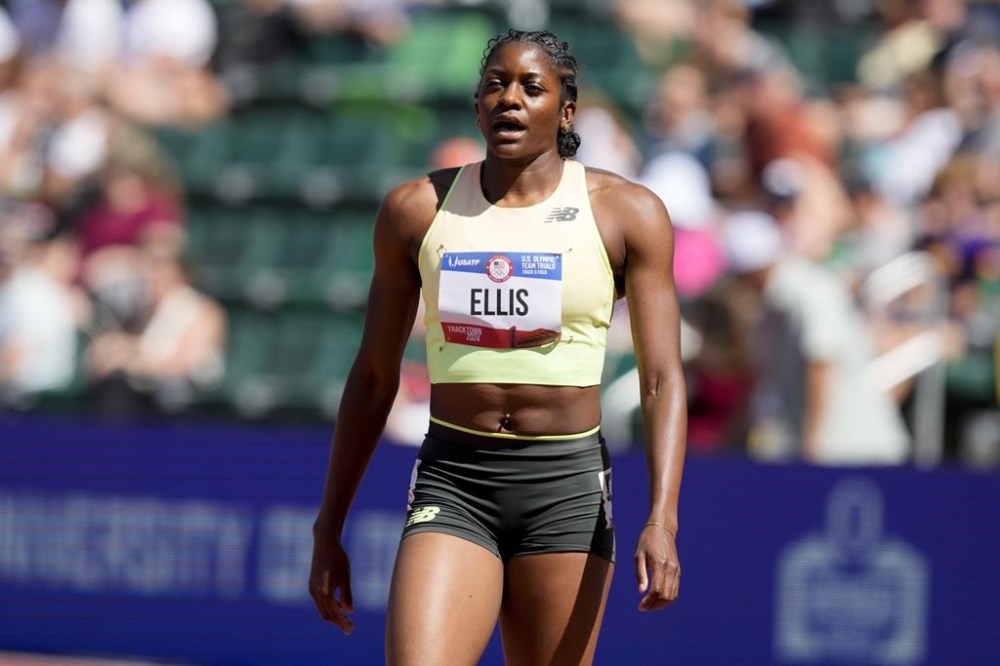 FILE - Kendall Ellis arrives for a heat women's 400-meter run during the U.S. Track and Field Olympic Team Trials, June 21, 2024, in Eugene, Ore. (AP Photo/Charlie Neibergall, File)