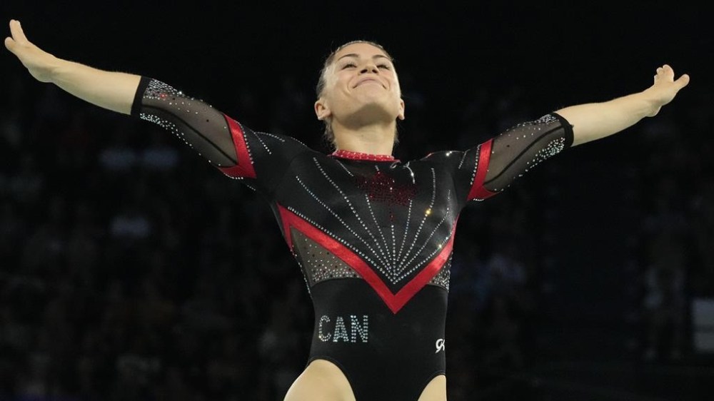 Sophiane Methot of Canada competes during the women's trampoline qualification round in Bercy Arena at the 2024 Summer Olympics, Friday, Aug. 2, 2024, in Paris, France. Methot has won the bronze medal in women's trampoline gymnastics at the Paris Olympics.THE CANADIAN PRESS/AP/Charlie Riedel
