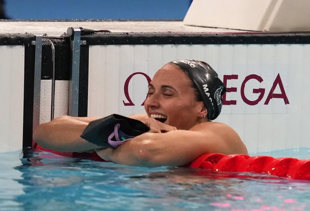 Kylie Masse, of LaSalle, Ont., reacts after the women's 200-metre backstroke final at the 2024 Summer Olympics in Nanterre, France, Friday, Aug. 2, 2024. Masse won a bronze medal. THE CANADIAN PRESS/Christinne Muschi