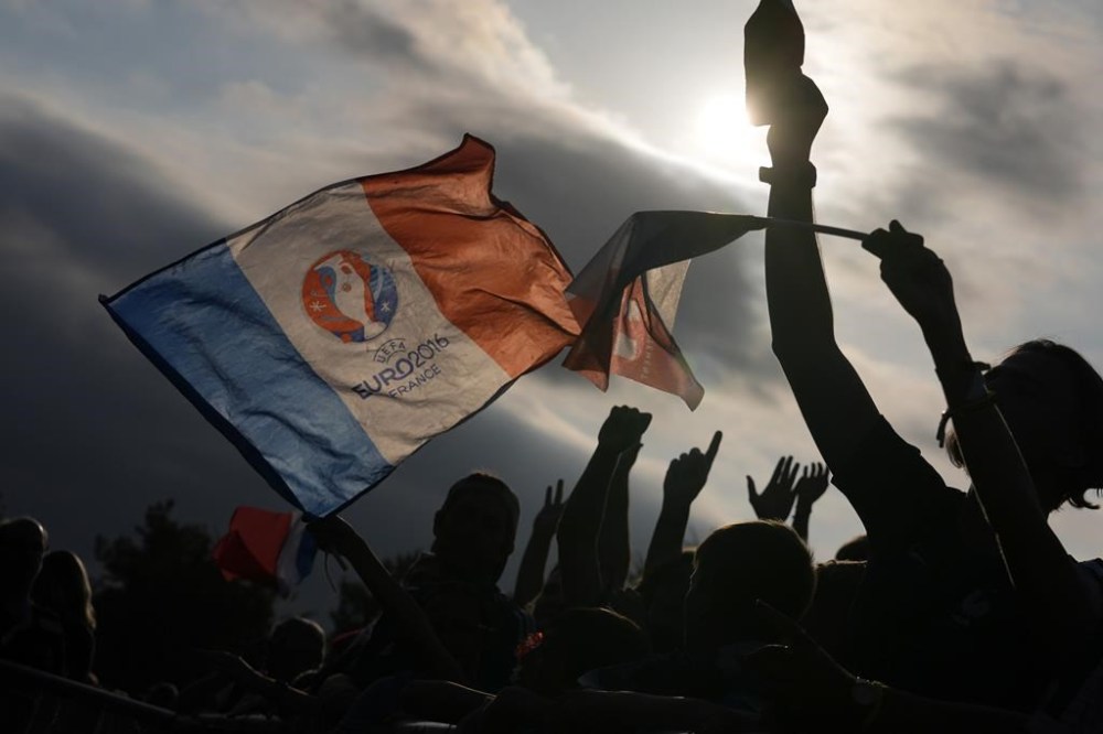 France supporters arrive at the Bordeaux Stadium, ahead of a quarterfinal soccer match between France and Argentina, during the 2024 Summer Olympics, Friday, Aug. 2, 2024, in Bordeaux, France. (AP Photo/Rebecca Blackwell)