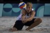Netherlands' Steven Van De Velde hits the ball during the men's pool B beach volleyball match between Norway and Netherlands at Eiffel Tower Stadium at the 2024 Summer Olympics, Friday, Aug. 2, 2024, in Paris, France. (AP Photo/Louise Delmotte)