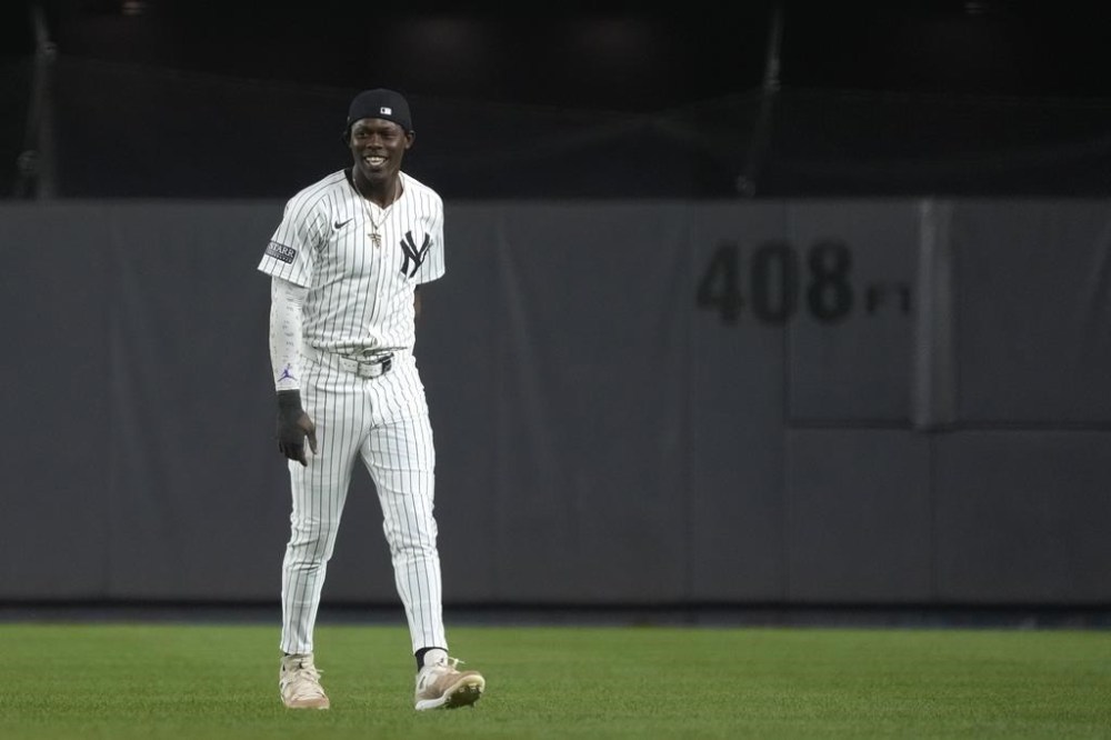 New York Yankees' Jazz Chisholm Jr. stands on the field before a baseball game against the Toronto Blue Jays, Friday, Aug. 2, 2024, in New York. (AP Photo/Pamela Smith)