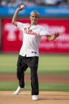 Philadelphia Union's Cavan Sullivan throws out the ceremonial first pitch before the first inning of a baseball game between the New York Yankees and the Philadelphia Phillies, Tuesday, July 30, 2024, in Philadelphia. (AP Photo/Chris Szagola)