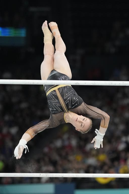 Elsabeth Black, of Canada, performs on the uneven bars during the women's artistic gymnastics all-around finals in Bercy Arena at the 2024 Summer Olympics, in Paris, France, Thursday, Aug. 1, 2024. THE CANADIAN PRESS/AP-Natacha Pisarenko