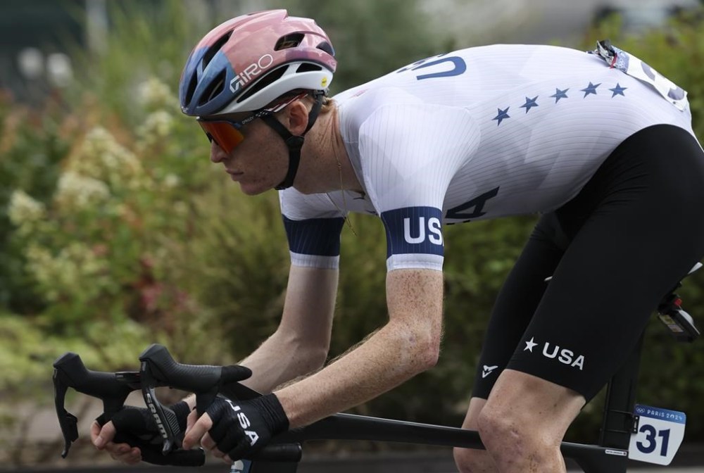 Matteo Jorgenson, of the United States, pedals during the men's road cycling event, at the 2024 Summer Olympics, Saturday, Aug. 3, 2024, in Paris, France. (Tim de Waele/Pool Photo via AP)