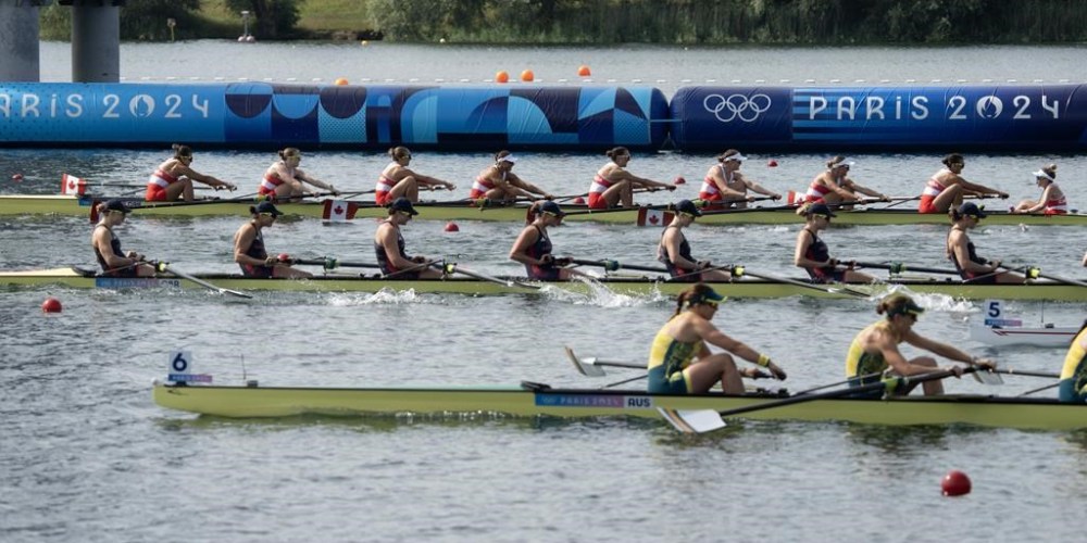 Canada's women's eights rowing crew, top, race to a silver place finish at the Summer Olympics, Saturday, Aug. 3, 2024 in Vaires-sur-Marne, France. nbsp;THE CANADIAN PRESS/Adrian Wyld