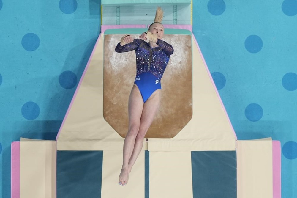 Jade Carey, of the United States, performs on the vault during the women's artistic gymnastics individual vault finals in Bercy Arena at the 2024 Summer Olympics, Saturday, Aug. 3, 2024, in Paris, France. (AP Photo/Morry Gash)