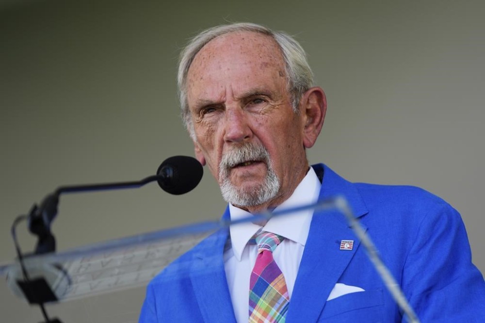 Baseball Hall of Fame inductee Jim Leyland speaks at the National Baseball Hall of Fame induction ceremony, Sunday, July 21, 2024, in Cooperstown, N.Y. (AP Photo/Julia Nikhinson)