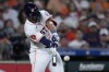 Houston Astros' Pedro León connects for his first major league hit during the third inning of a baseball game against the Tampa Bay Rays, Saturday, Aug. 3, 2024, in Houston. (AP Photo/Kevin M. Cox)