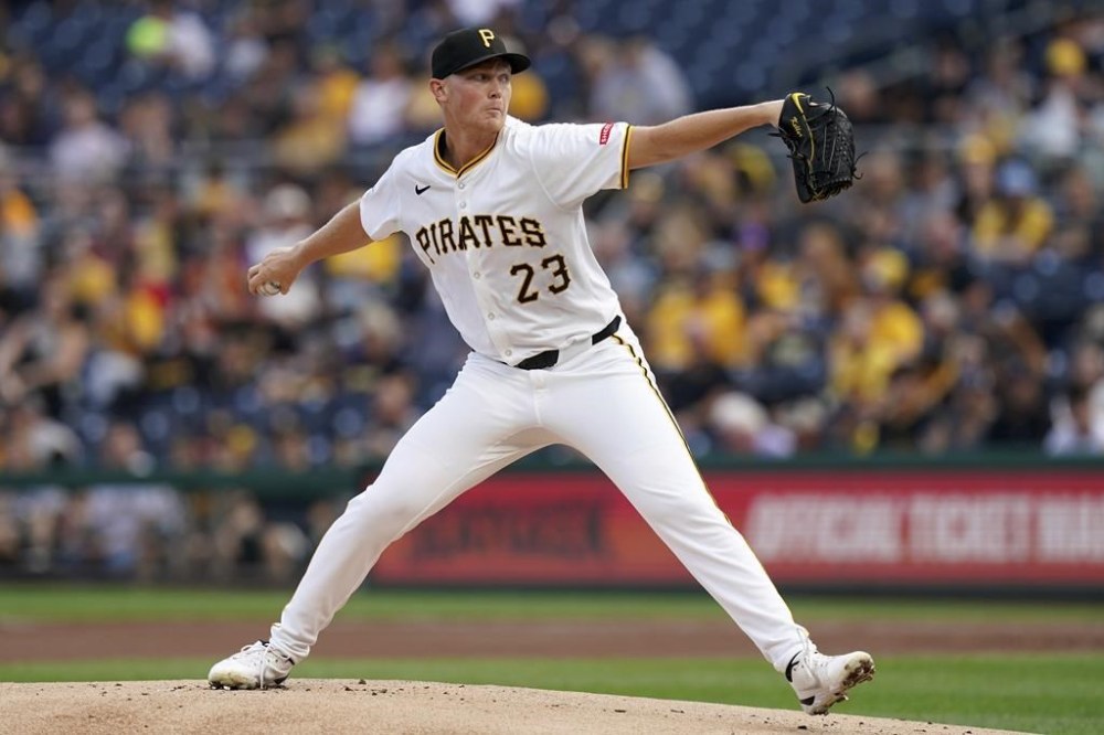 Pittsburgh Pirates starting pitcher Mitch Keller delivers during the first inning of a baseball game against the Arizona Diamondbacks, Saturday, Aug. 3, 2024, in Pittsburgh. (AP Photo/Matt Freed)