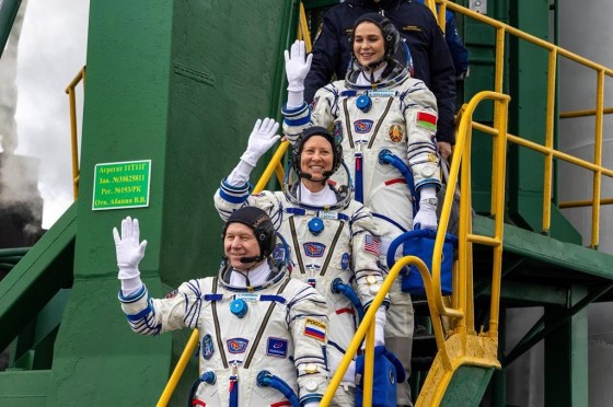 NASA astronaut Tracy Dyson, centre, Oleg Novitsky of Roscosmos, bottom, and Marina Vasilevskaya of Belarus in March. (Roscosmos space corporation via The Associated Press files)