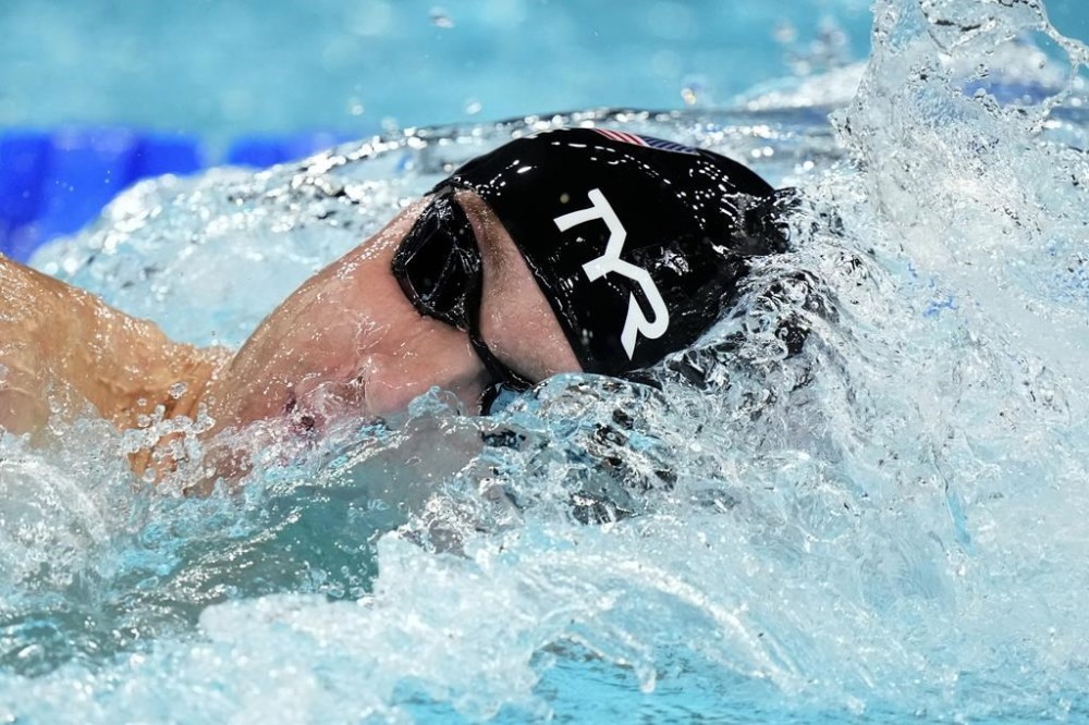 United States' Bobby Finke competes in the men's 1500-meter freestyle final at the Summer Olympics in Nanterre, France, Sunday, Aug. 4, 2024. (AP Photo/Brynn Anderson)