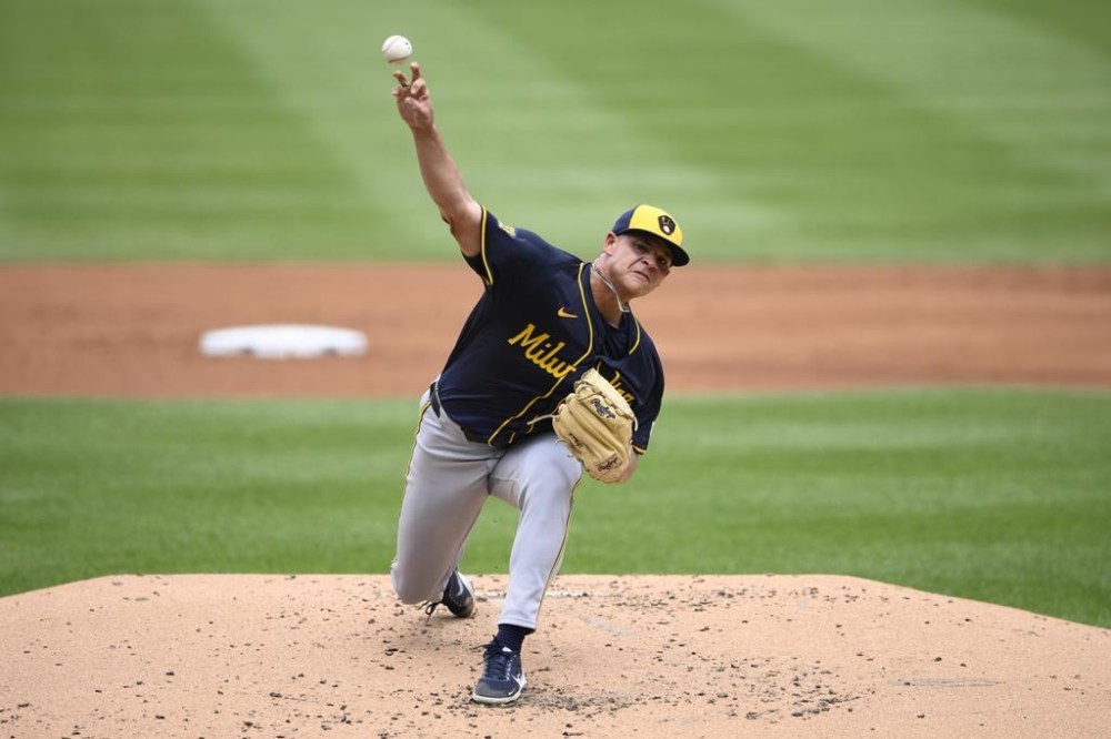 Milwaukee Brewers starting pitcher Tobias Myers throws during the second inning of a baseball game against the Washington Nationals, Sunday, Aug. 4, 2024, in Washington. (AP Photo/Nick Wass)