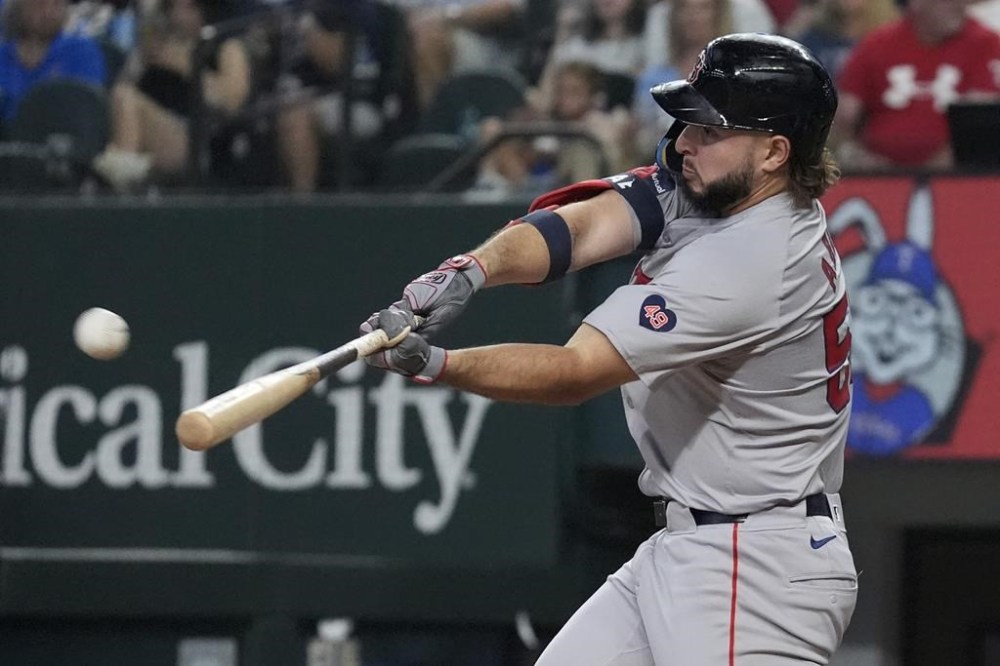 Boston Red Sox's Wilyer Abreu hits a home run during the sixth inning of a baseball game against the Texas Rangers in Arlington, Texas, Sunday, Aug. 4, 2024. (AP Photo/LM Otero)