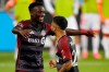 Toronto FC midfielder Derrick Etienne (11) celebrates his goal with teammate Lorenzo Insigne (24) during first half Leagues Cup group stage action against Pachuca, in Toronto, Sunday, Aug. 4, 2024. THE CANADIAN PRESS/Frank Gunn
