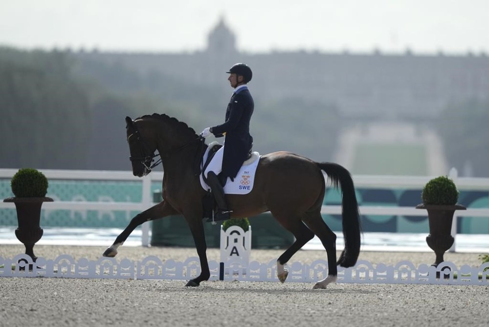 Sweden's Patrik Kittel rides Touchdown during the dressage Individual Grand Prix Freestyle at the 2024 Summer Olympics, Sunday, Aug. 4, 2024, in Versailles, France. (AP Photo/Mosa'ab Elshamy)