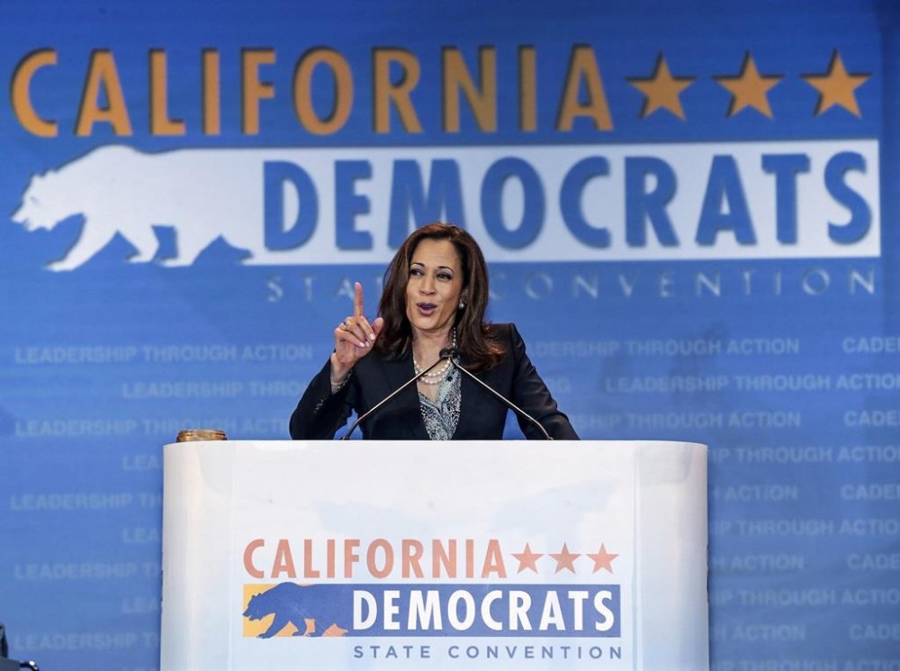 FILE - California State Attorney General Kamala Harris speaks to California Democrats, May 16, 2015, in Anaheim, Calif. Harris, the daughter of immigrants who rose through the California political and law enforcement ranks to become the first female vice president in U.S. history, is poised to secure the Democratic Party's presidential nomination Monday, Aug. 5, 2024. (AP Photo/Damian Dovarganes, File)