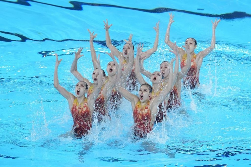 Team China compete in the technical routine of artistic swimming at the 2024 Summer Olympics, Monday, Aug. 5, 2024, in Saint-Denis, France. (AP Photo/Lee Jin-man)
