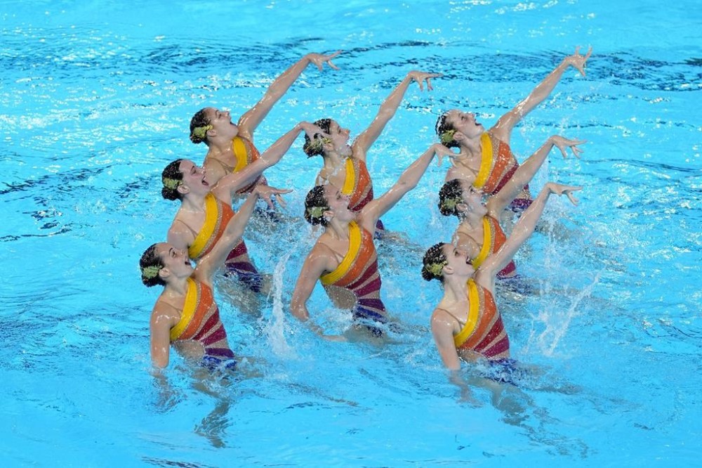 Team Spain compete in the technical routine of artistic swimming at the 2024 Summer Olympics, Monday, Aug. 5, 2024, in Saint-Denis, France. (AP Photo/Lee Jin-man)