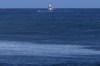A whale breaches during the semifinal round of the surfing competition between Brisa Hennessy, of Costa Rica, and Tatiana Weston-Webb, of Brazil, at the 2024 Summer Olympics, Monday, Aug. 5, 2024, in Teahupo'o, Tahiti. (AP Photo/Gregory Bull)