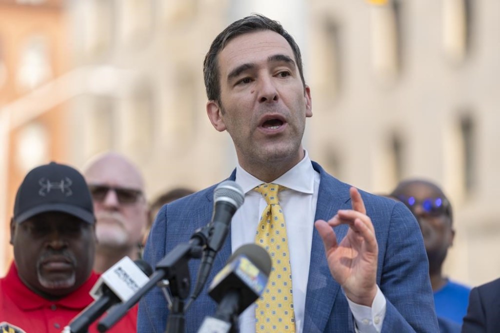 Baltimore City Councilmember Zeke Cohen speaks at a news conference demanding safe working conditions for Baltimore City Department of Public Works employees, Tuesday, Aug. 6, 2024, in Baltimore. (AP Photo/Stephanie Scarbrough)
