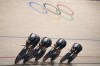 Britain's Ethan Hayter, Oliver Wood, Charlie Tanfield and Ethan Vernon compete during the men's team pursuit event, at the Summer Olympics, Tuesday, Aug. 6, 2024, in Paris, France. (AP Photo/Thibault Camus)