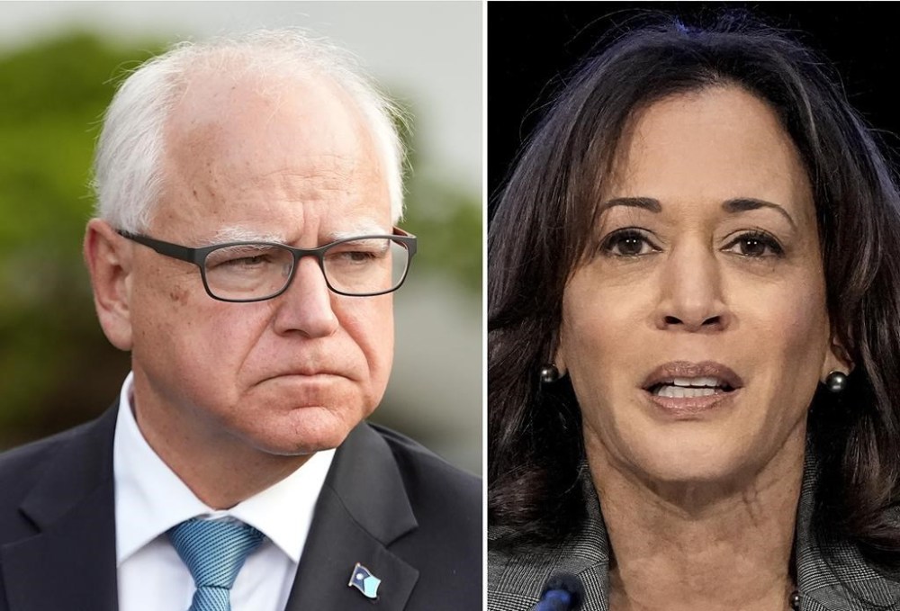 FILE - This combo image shows Democratic vice presidential running mate Minnesota Gov. Tim Walz, July 3, 2024, left, and Democratic presidential nominee Vice President Kamala Harris, Jan. 9, 2024, right. (AP Photo, File)