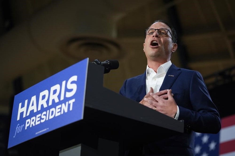 Pennsylvania Gov. Josh Shapiro speaks during a campaign event for Democratic presidential candidate Vice President Kamala Harris in Ambler, Pa., Monday, July 29, 2024. (AP Photo/Matt Rourke)
