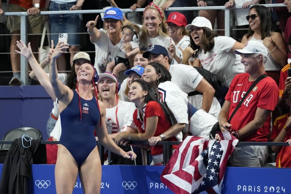 United States' Kaleigh Gilchrist celebrates after winning a women's quarterfinal match between USA and Hungary, at the 2024 Summer Olympics, Tuesday, Aug. 6, 2024, in Paris. (AP Photo/Luca Bruno)