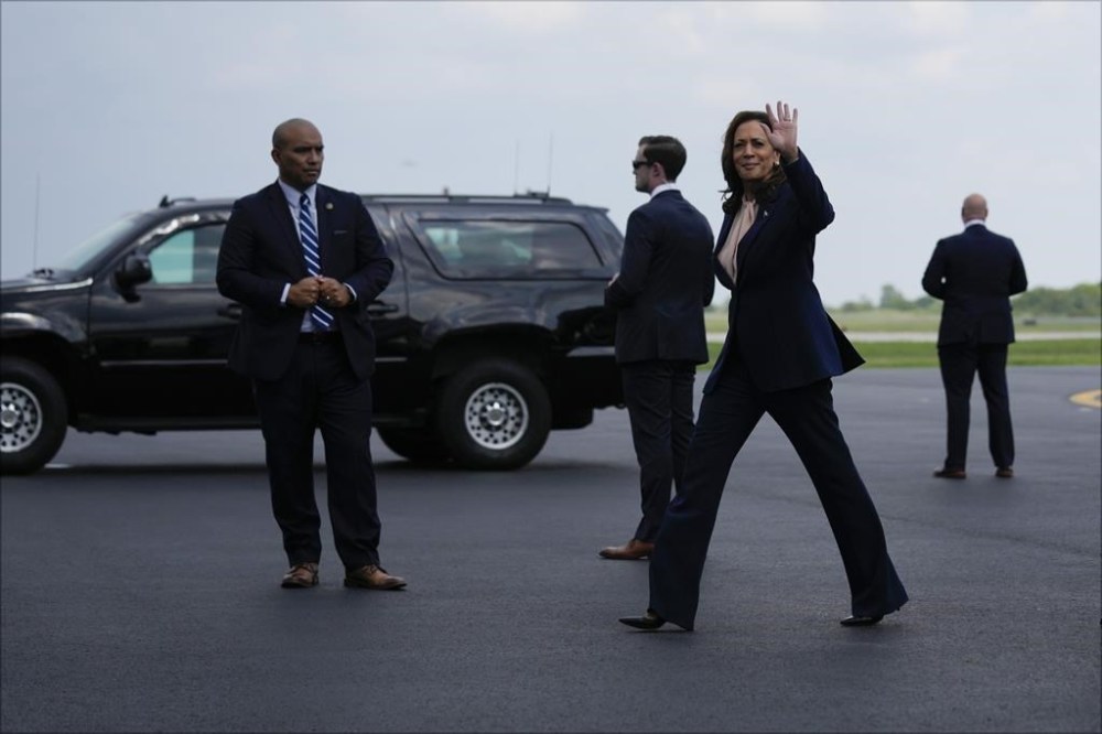Democratic presidential nominee Vice President Kamala Harris arrives on Air Force Two in Philadelphia, Tuesday, Aug. 6, 2024. (AP Photo/Matt Rourke)