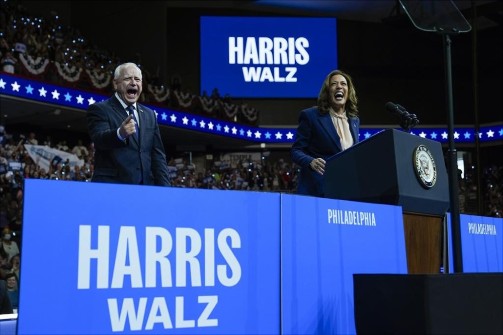 Democratic presidential nominee Vice President Kamala Harris and her running mate Minnesota Gov. Tim Walz speak at a campaign rally in Philadelphia, Tuesday, Aug. 6, 2024. (AP Photo/Matt Rourke)