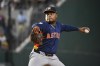 Houston Astros pitcher Framber Valdez pitches in the first inning of a baseball game against the Houston Astros, Tuesday, Aug 6, 2024, in Arlington, Texas. (AP Photo/Albert Pena)