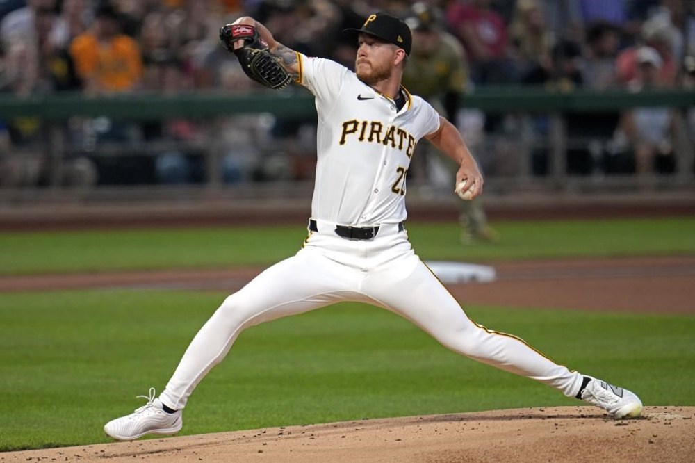 Pittsburgh Pirates starting pitcher Bailey Falter delivers during the first inning of a baseball game in Pittsburgh, Tuesday, Aug. 6, 2024. (AP Photo/Gene J. Puskar)