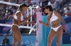 Canada's Brandie Wilkerson, left, and Melissa Humana-Paredes celebrate a point against the United States in a beach volleyball match at the 2024 Summer Olympics, Monday, Aug. 5, 2024, in Paris, France. THE CANADIAN PRESS/AP/Robert F. Bukaty