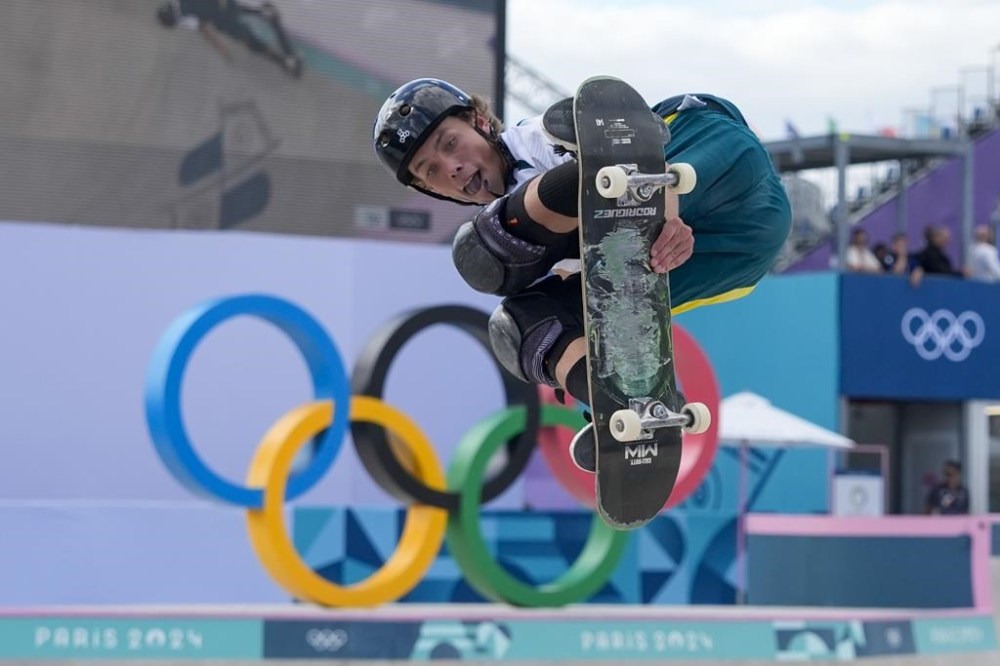 Australia's Keegan Palmer competes during the men's skateboarding park finals at the 2024 Summer Olympics, Wednesday, Aug. 7, 2024, in Paris, France. (AP Photo/Frank Franklin II)