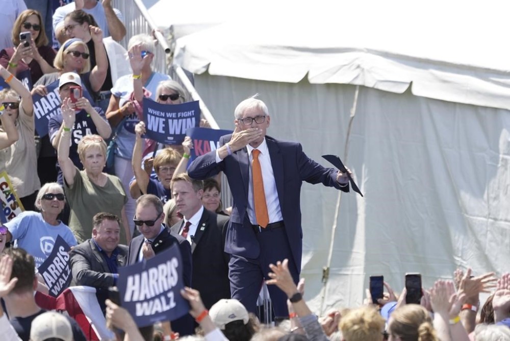 Gov. Tony Evers, D-Wisc., is recognized during a campaign event for Democratic presidential nominee Vice President Kamala, Wednesday, Aug. 7, 2024, in Eau Claire, Wisc. (AP Photo/Charles Rex Arbogast)