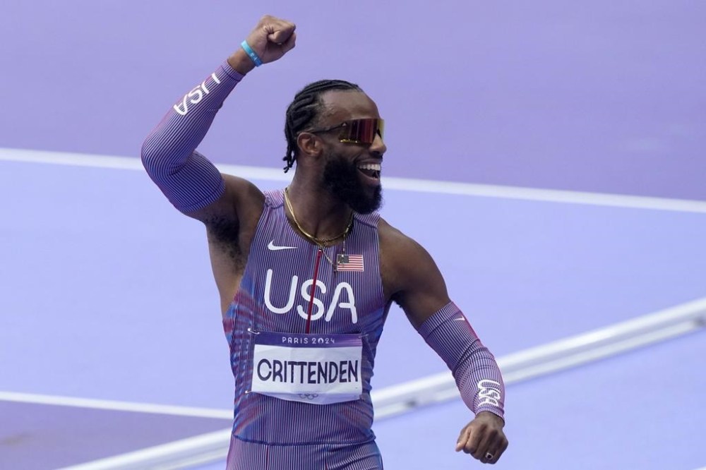 Freddie Crittenden, of the United States, reacts after his men's 110-meter hurdles semifinal at the 2024 Summer Olympics, Wednesday, Aug. 7, 2024, in Saint-Denis, France. (AP Photo/Martin Meissner)