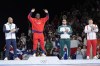 Medalists, from left, Chile's Yasmani Acosta Fernandez, silver, Cuba's Mijain Lopez Nunez, gold, Iran's Amin Mirzazadeh, China's Meng Lingzhe, bronze, pose for photographers during the medal ceremony for men's Greco-Roman 130kg wrestling, at Champ-de-Mars Arena, during the 2024 Summer Olympics, Tuesday, Aug. 6, 2024, in Paris, France. (AP Photo/Eugene Hoshiko)