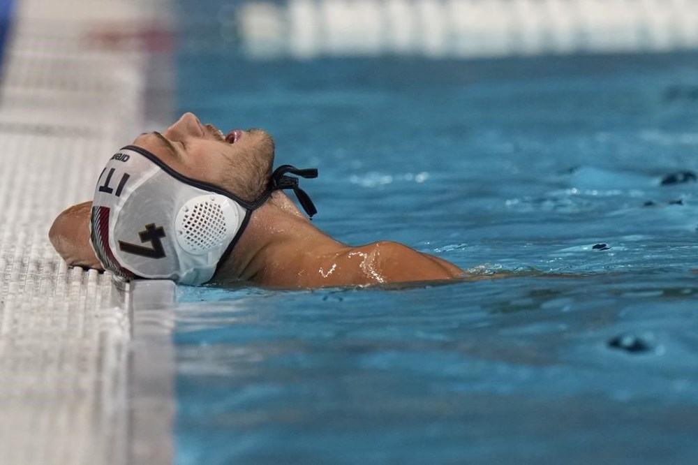 Italy's Tommaso Gianazza reacts during a men's quarterfinal match between Italy and Hungary, at the 2024 Summer Olympics, Wednesday, Aug. 7, 2024, in Paris. (AP Photo/Luca Bruno)