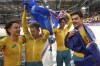 Australia's Oliver Bleddyn, Sam Welsford, Conor Leahy and Kelland O'Brien celebrate winning the gold medal in the men's team pursuit event, at the Summer Olympics, Wednesday, Aug. 7, 2024, in Paris, France. (AP Photo/Ricardo Mazalan) (AP Photo/Thibault Camus)