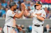 Baltimore Orioles' Jackson Holliday (right) celebrates his two-run home run against the Toronto Blue Jays with Eloy Jimenez during seventh inning MLB action in Toronto on Wednesday, Aug. 7, 2024. THE CANADIAN PRESS/Frank Gunn