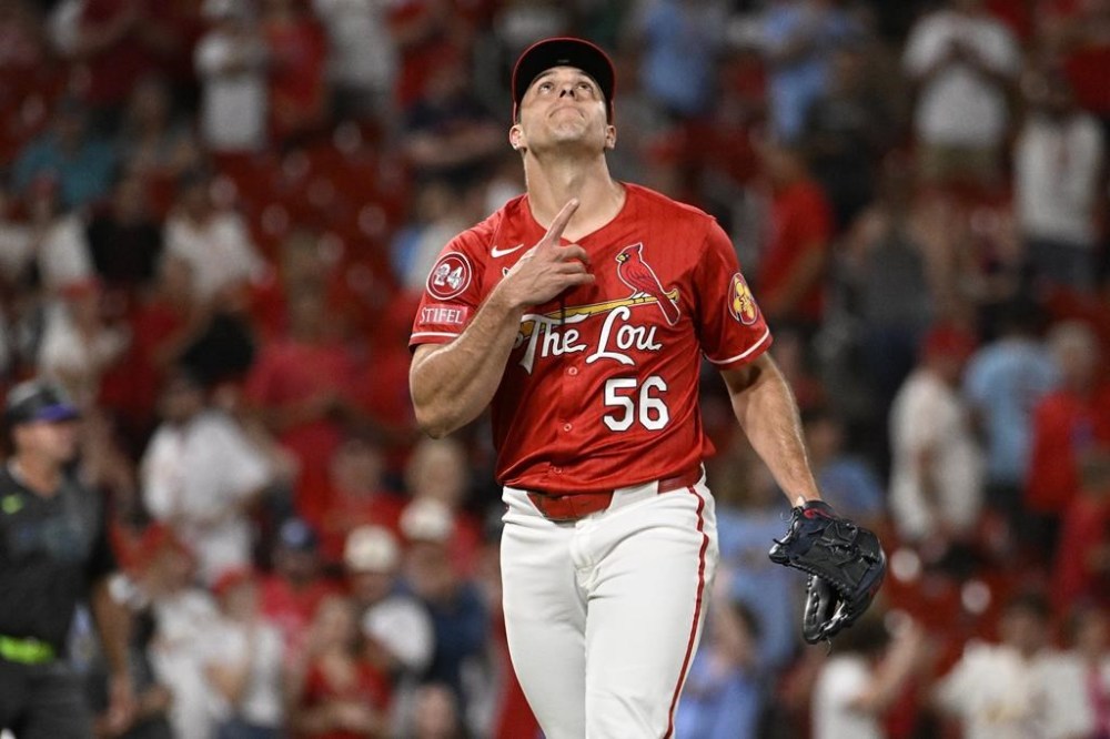 St. Louis Cardinals relief pitcher Ryan Helsley reacts after beating the Tampa Bay Rays in a baseball game, Wednesday, Aug. 7, 2023, in St. Louis. (AP Photo/Joe Puetz)