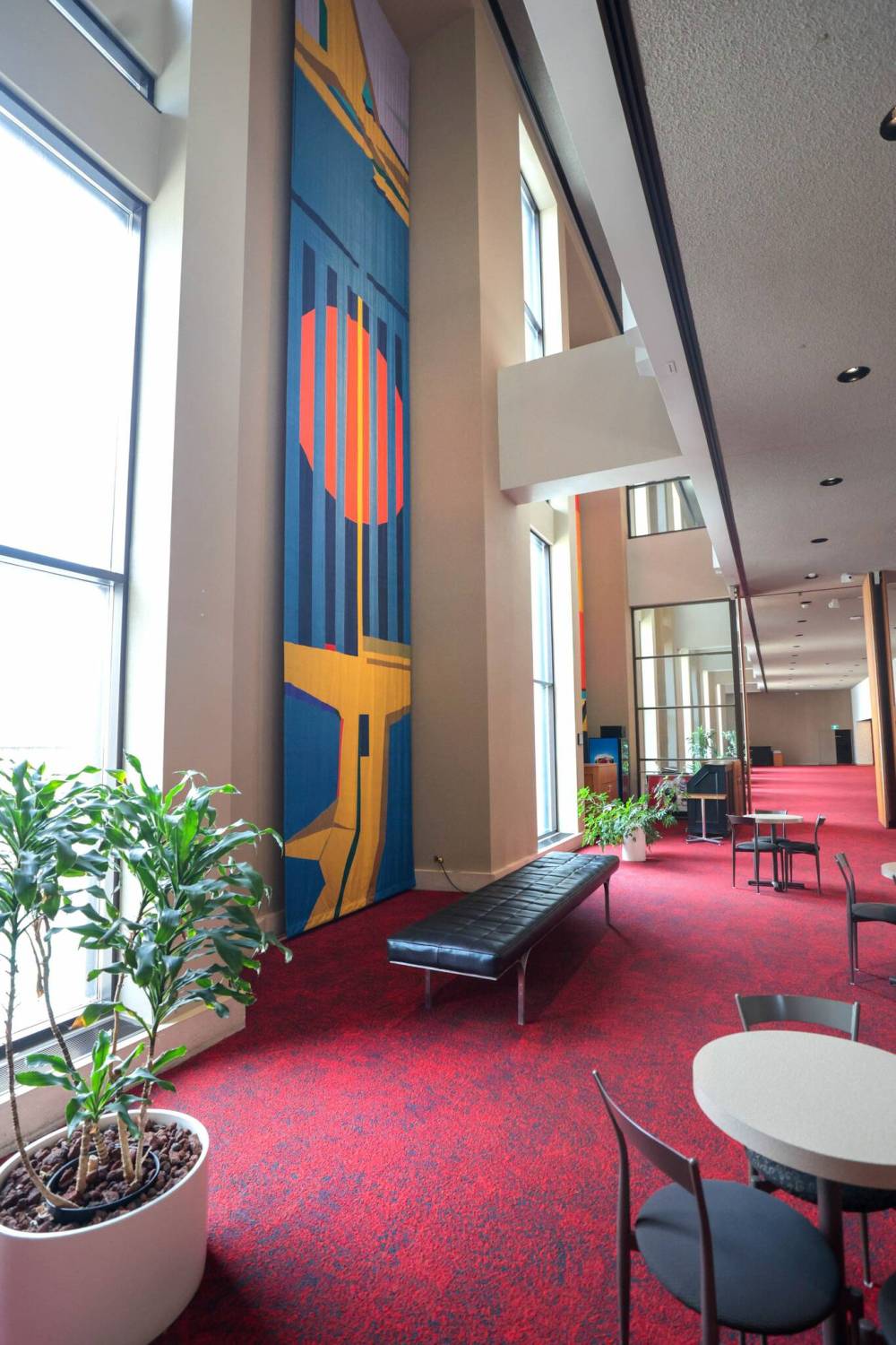 RUTH BONNEVILLE / FREE PRESS
Long textile pieces by Takao Tanabe hang on north side of the concert hall lobby.