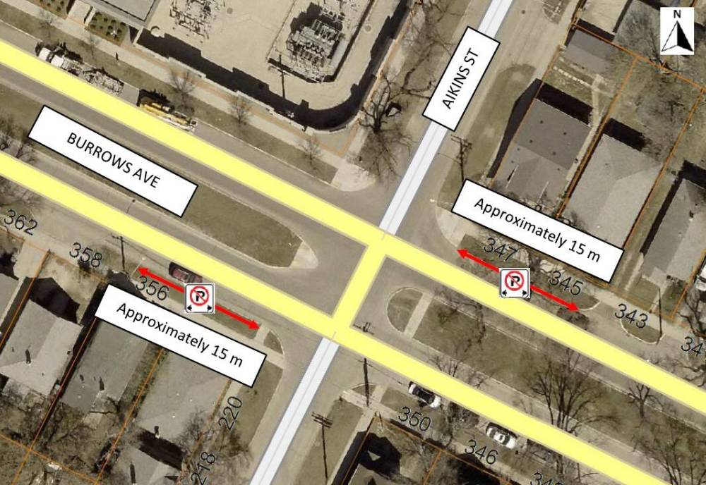 An illustration of the planned parking restrictions at one intersection on Burrows Avenue. (City of Winnipeg)