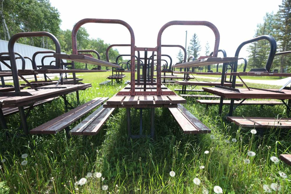 Picnic tables sit in tall grass prior to being set up on the site. (Ruth Bonneville / Free Press)