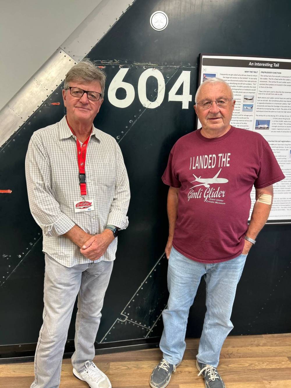 SUPPLIED
Former pilots Mal Macdonald (left) and Emery Gal volunteer with the Gimli Glider Exhibit.