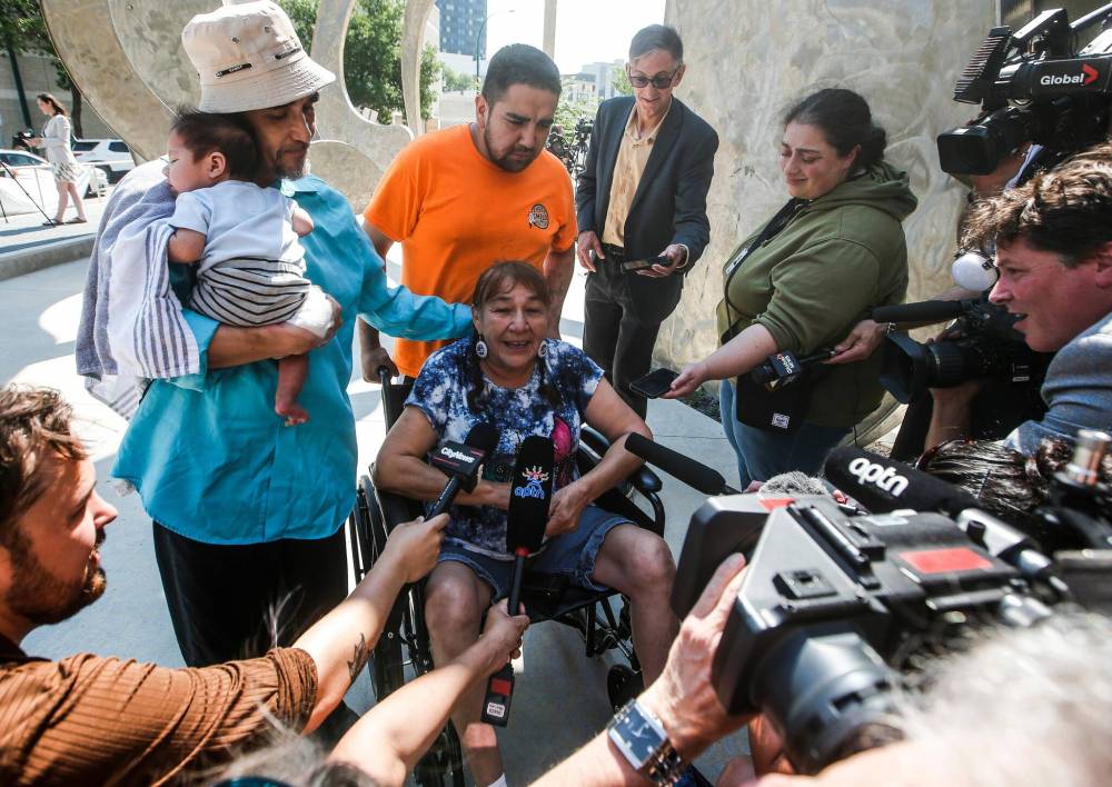 JOHN WOODS / THE CANADIAN PRESS
Donna Bartlett, grandmother of Marcedes Myran, speaks to reporters outside the Manitoba Law Courts after the guilty verdict.