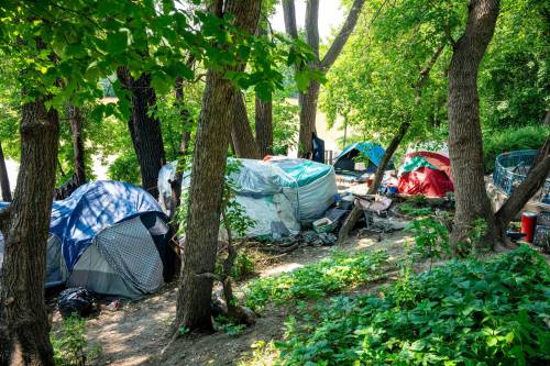 NIC ADAM / FREE PRESS The encampment at McFayden Park Friday Morning. A senior was allegedly assaulted by someone living in an encampment near the pickleball court Wednesday. 240712 - Friday, July 12, 2024. Reporter: Nicole