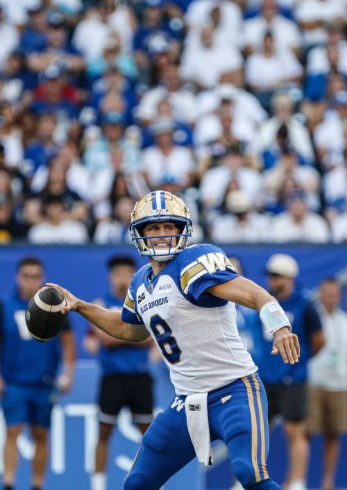 Winnipeg Blue Bombers quarterback Zach Collaros (8) throws against the Calgary Stampeders during first half CFL action in Winnipeg, Friday, July 12, 2024. THE CANADIAN PRESS/John Woods