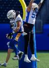 MIKE DEAL / FREE PRESS FILES
                                Winnipeg Blue Bombers’ Nic Demski (10) and Eric Lofton (55) celebrate a big catch by Demski during practice.